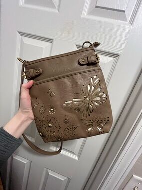 Women's Brown Crossbody Bag with Butterfly Cutouts